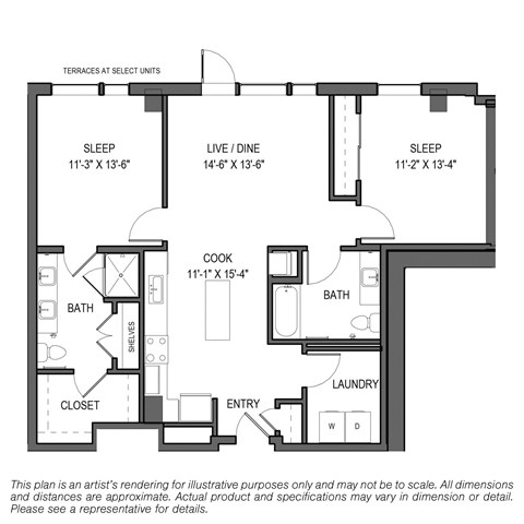 Floor plan for 2 beds, 2 baths, 1122 sqft